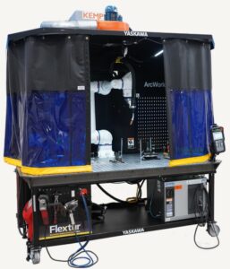 Small Shop Big Gains, robotic automation, robotic work cell, ArcWorld HC, Power and Force Limiting (PFL) technology, provisions for fume mitigation, arc flash protection and an e-stop, Dress packs, Weld torches, Servo positioners, weld cells, welding cells